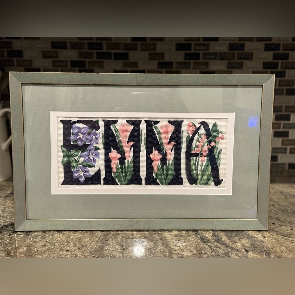 Handmade “EMMA” Floral Framed Cross-Stitch Art